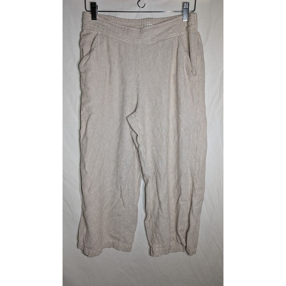 Max Studio Womens Linen Blend Striped Pull On Capri Pants Sz L Wide Leg Cropped